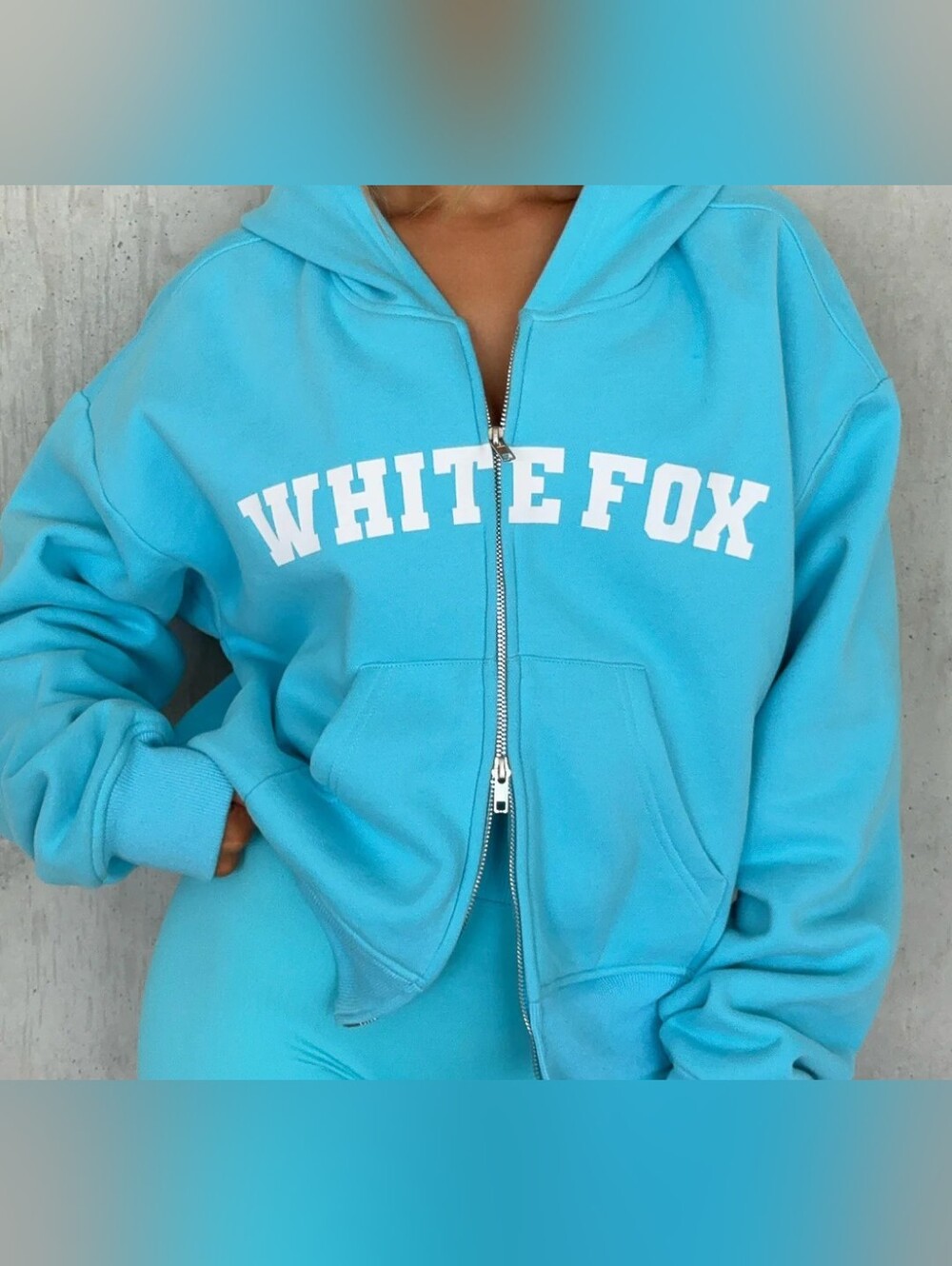 White Fox Zip Front Boxy Hoodie XS/S (Azure)